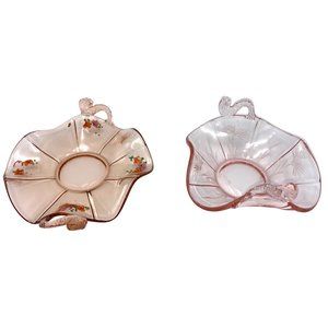 Fenton Candy Dishes 2 Items Dolphin Handles 1930s Pink Depression Cut Glass Hand
